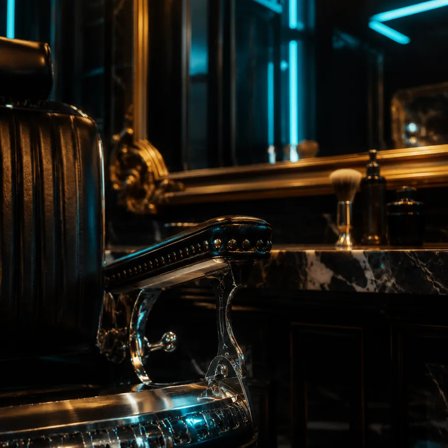 Black leather barber chair with brushed-gold detail at Brana Barber Shop in Naples
